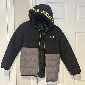 Under Armour Black and Gray Hooded Jacket with Yellow Accents